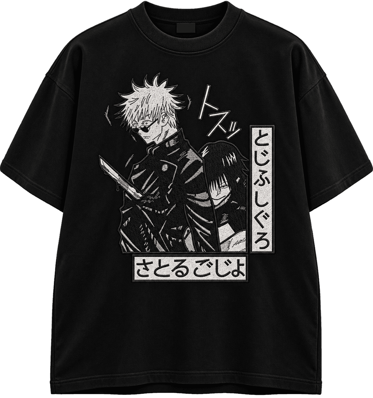 Camiseta preta com estampa de personagens em preto e branco