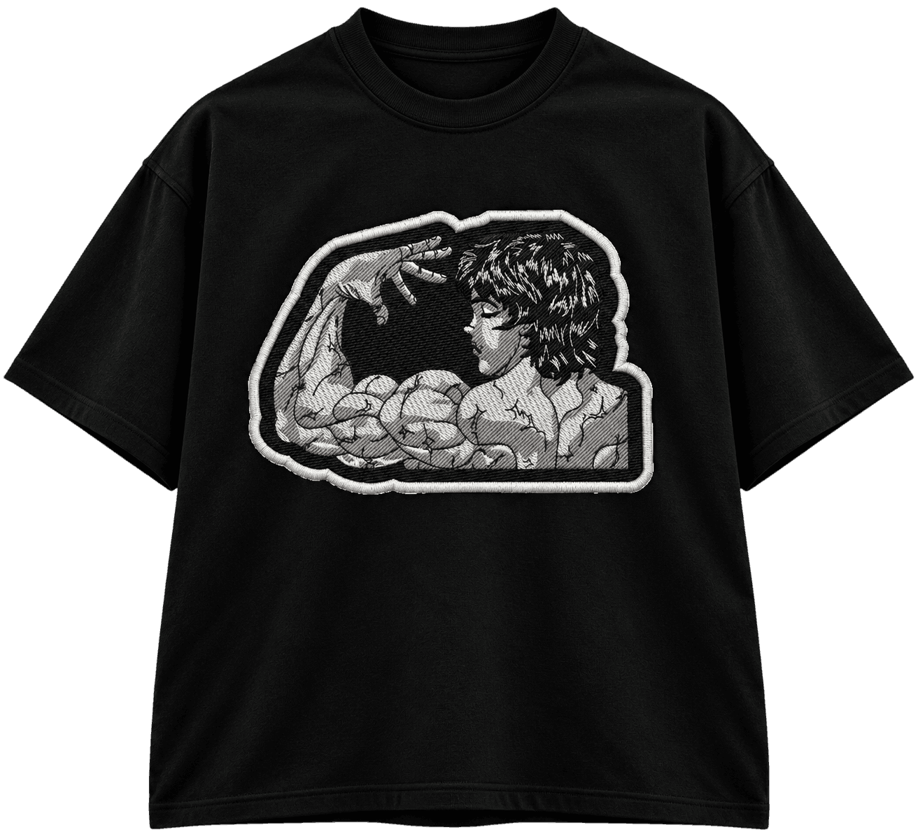 Camiseta preta com estampa de mangá em preto e branco