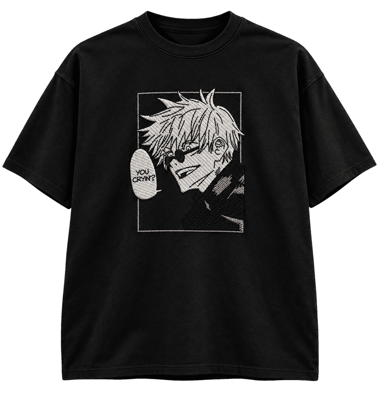 Camiseta preta com estampa de personagem sorrindo