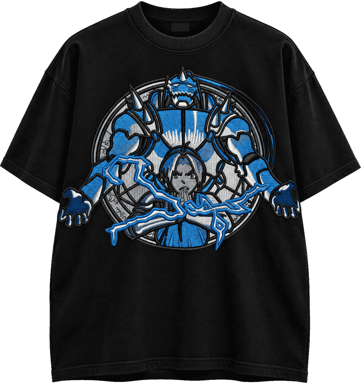 Camiseta preta com estampa azul de alquimista