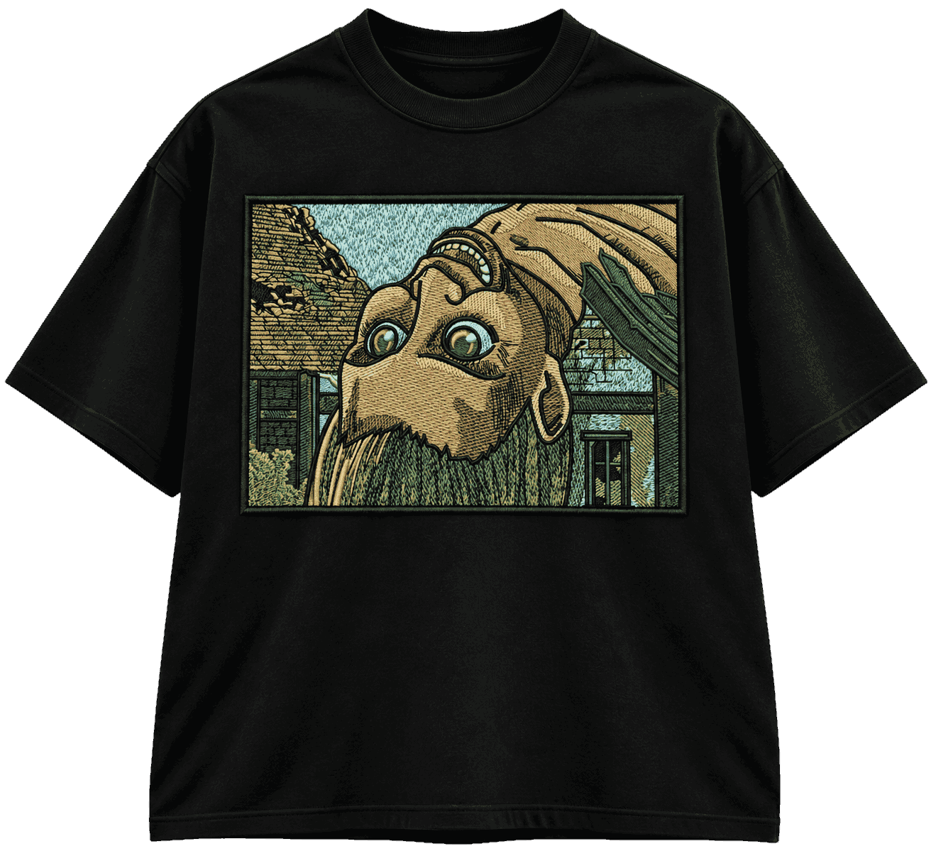 Camiseta preta com estampa colorida de titã